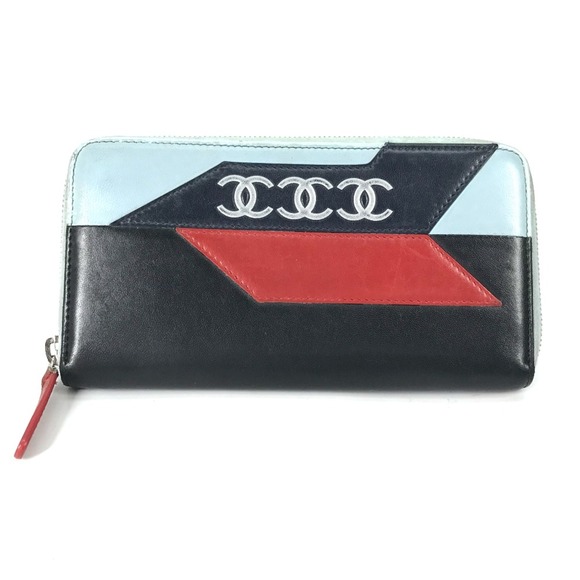 Chanel airline triple coco Zip Around Long Wallet Black Light blue - Picture 1 of 10